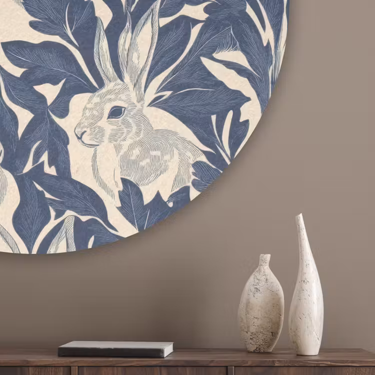 Hazen - Bladeren - Patroon - Blauw - Beige Akoestische PET Vilt - Rond klein 838 -sfeer5_closeup