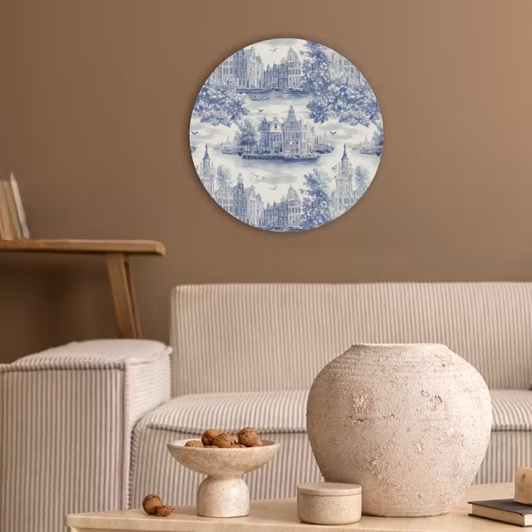 Huizen - Bomen - Water - Vogels - Blauw Akoestische PET Vilt - Rond klein 838 -sfeer1