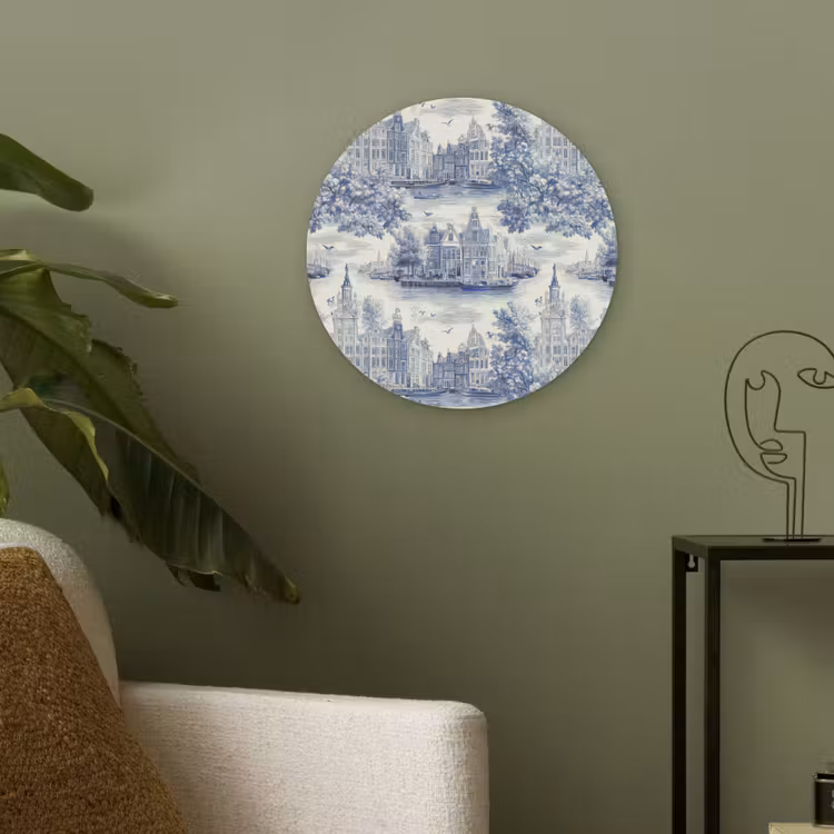 Huizen - Bomen - Water - Vogels - Blauw Akoestische PET Vilt - Rond klein 838 -sfeer2
