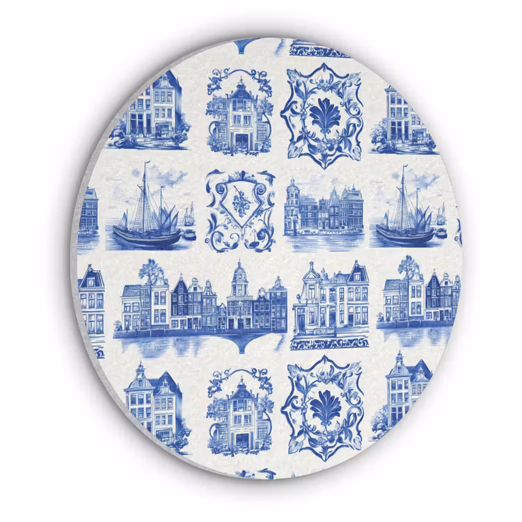 Huizen - Schepen - Blauw Akoestische PET Vilt - Rond klein 838 -3d