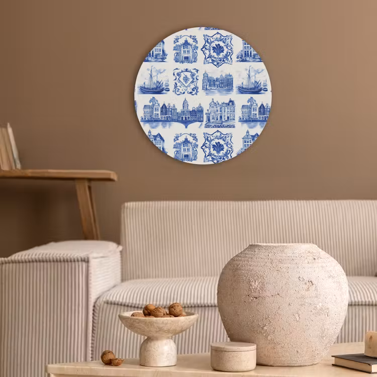 Huizen - Schepen - Blauw Akoestische PET Vilt - Rond klein 838 -sfeer1