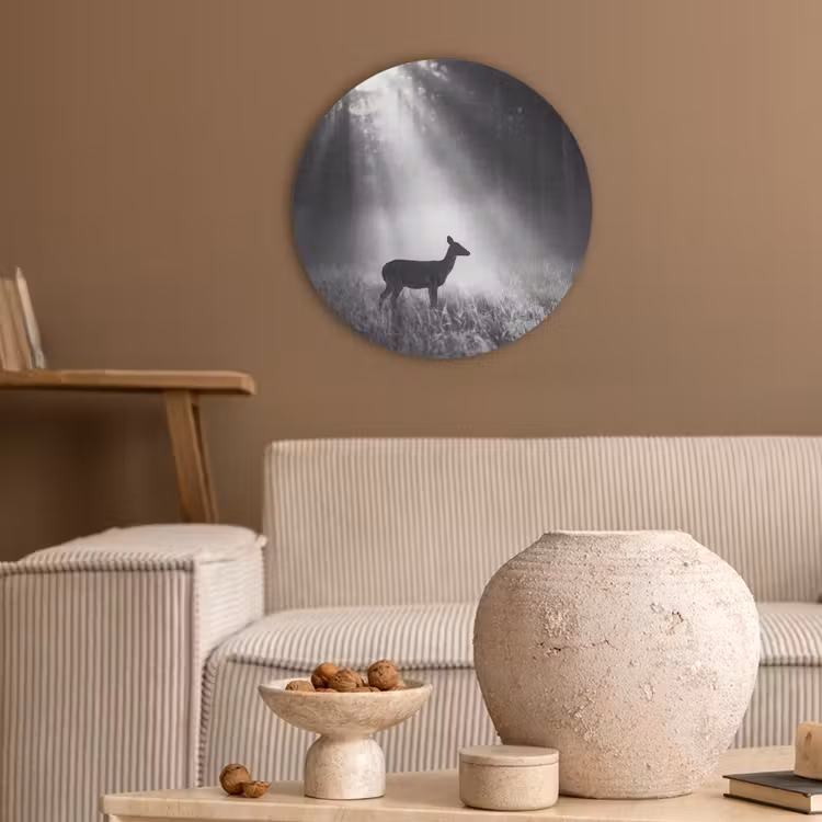 Hert - Bos - Zonnestralen - Zwart-wit - Natuur Akoestische PET Vilt - Rond klein -sfeer1