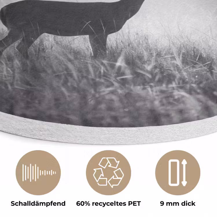 Hert - Bos - Zonnestralen - Zwart-wit - Natuur Akoestische PET Vilt - Rond klein -closeup_DE