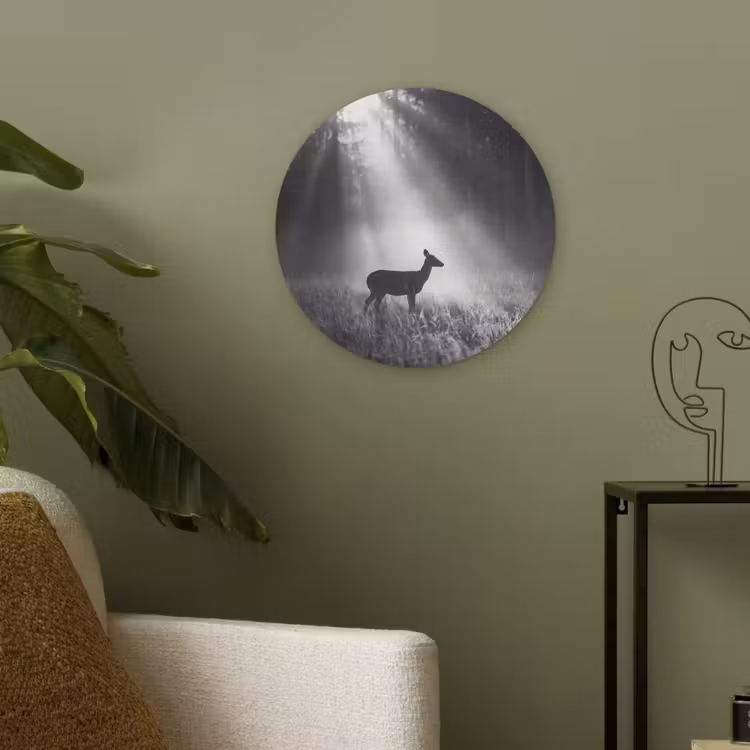 Hert - Bos - Zonnestralen - Zwart-wit - Natuur Akoestische PET Vilt - Rond klein -sfeer2