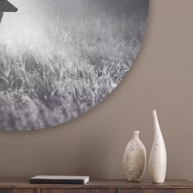 Hert - Bos - Zonnestralen - Zwart-wit - Natuur Akoestische PET Vilt - Rond klein -sfeer5_closeup
