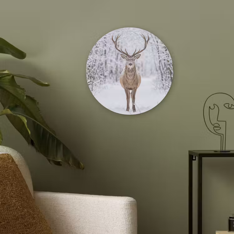 Hert - Winter - Bos - Natuur - Wit Akoestische PET Vilt - Rond klein -sfeer2