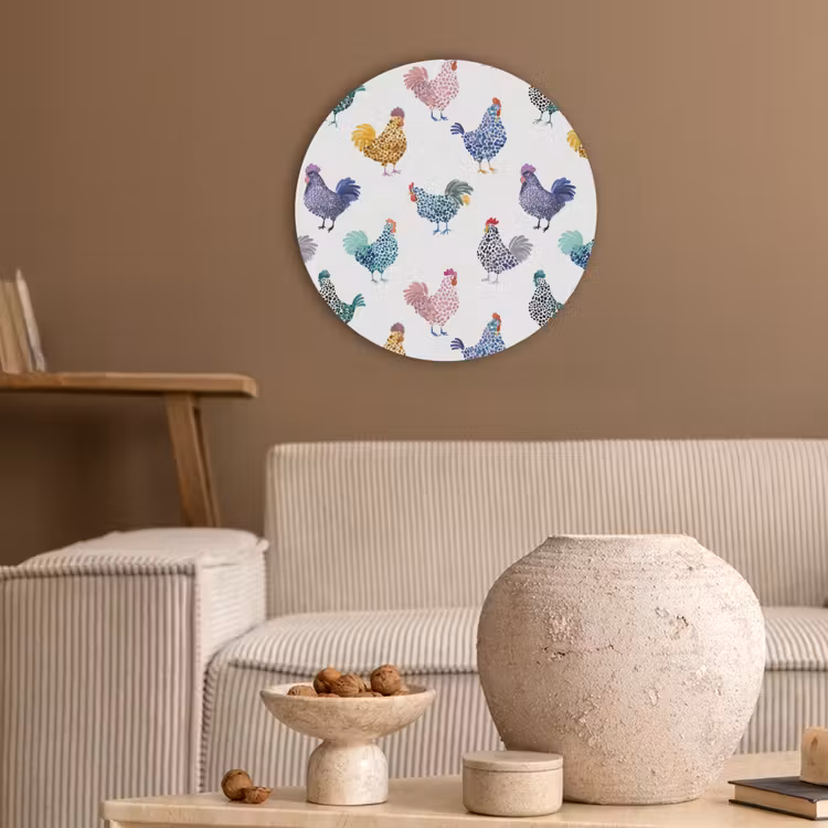 Kippen -Aquarel - Kleurrijk Akoestische PET Vilt - Rond klein 838 -sfeer1