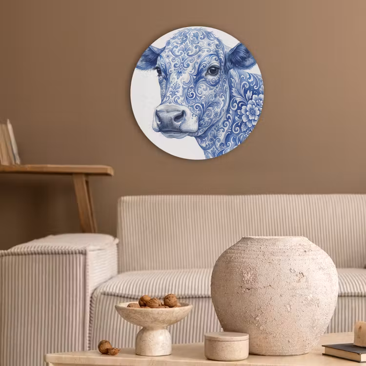 Illustratie - Koe - Blauw Akoestische PET Vilt - Rond klein -sfeer1
