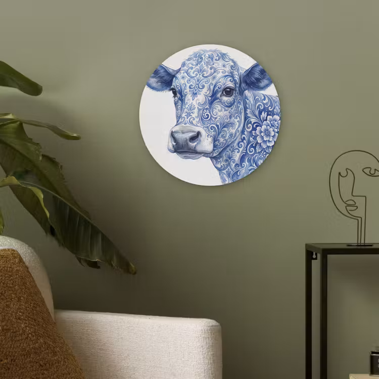 Illustratie - Koe - Blauw Akoestische PET Vilt - Rond klein -sfeer2