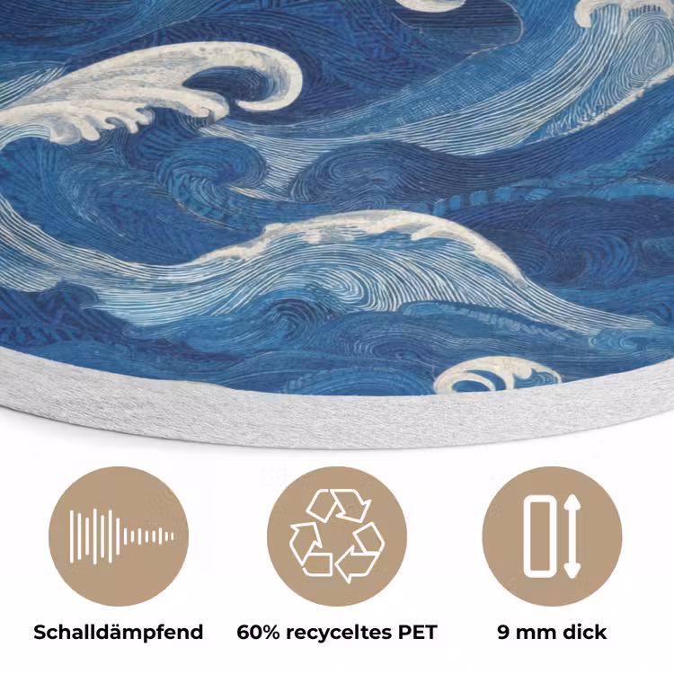 Japans - Oceaan - Golven - Blauw Akoestische PET Vilt - Rond klein 838 -closeup_DE