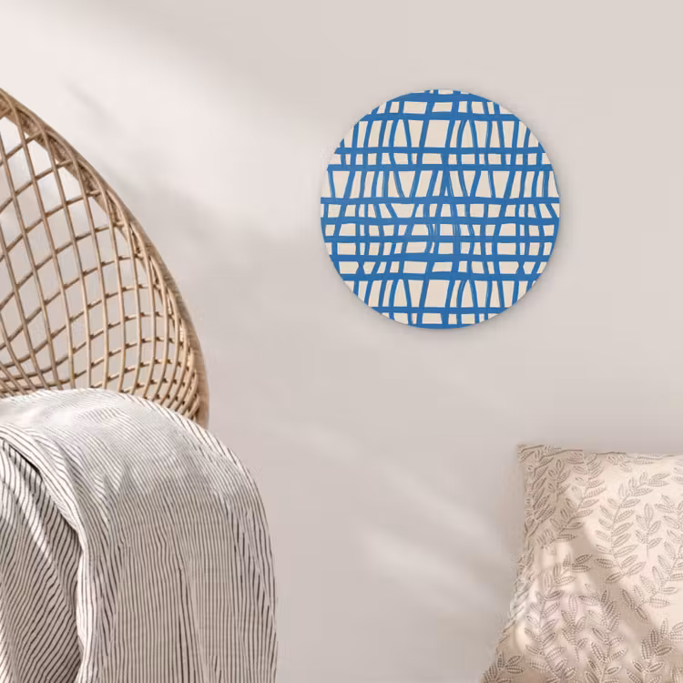 Ruitpatroon - Blauw - Crème Akoestische PET Vilt - Rond klein 838 -sfeer4