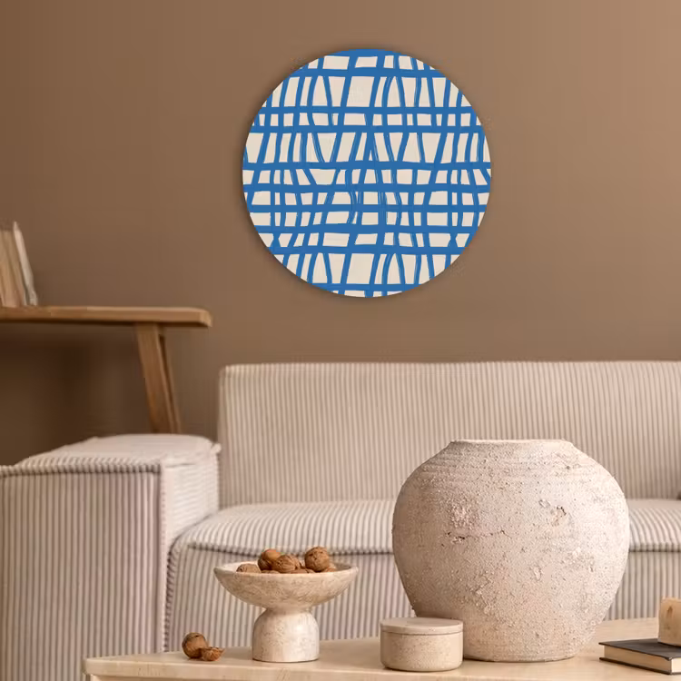 Ruitpatroon - Blauw - Crème Akoestische PET Vilt - Rond klein 838 -sfeer1