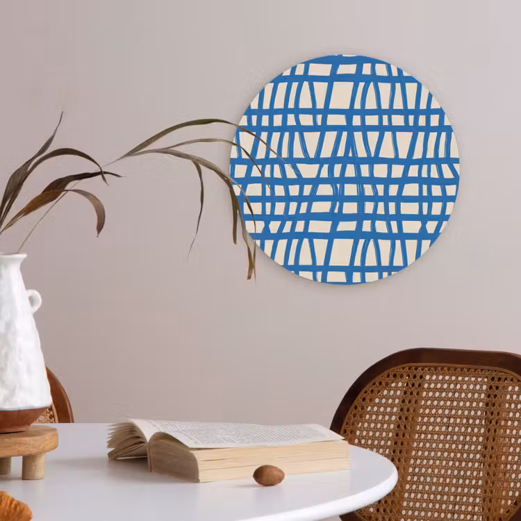 Ruitpatroon - Blauw - Crème Akoestische PET Vilt - Rond klein 838 -sfeer3