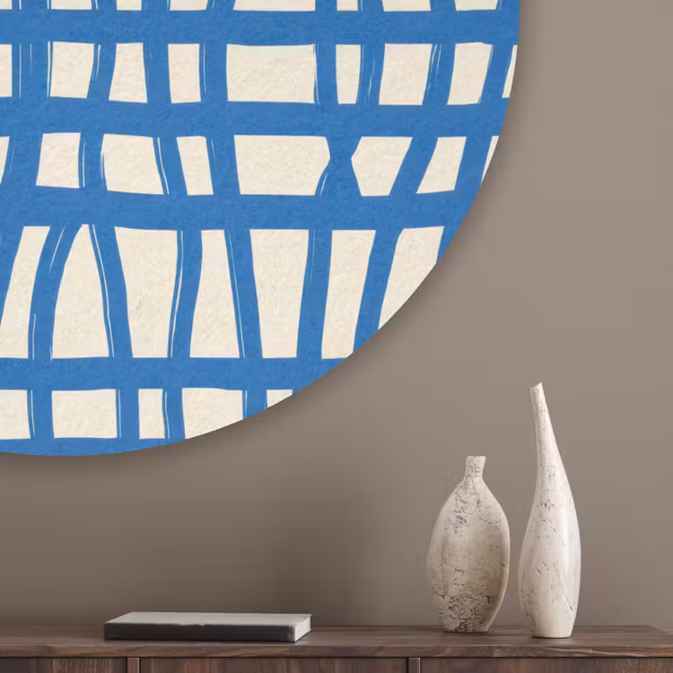 Ruitpatroon - Blauw - Crème Akoestische PET Vilt - Rond klein 838 -sfeer5_closeup