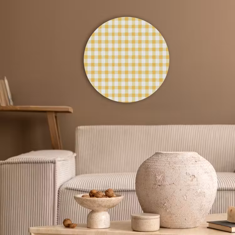 Ruit - Gingham - Klassiek - Geel en Wit Akoestische PET Vilt - Rond klein 838 -sfeer1