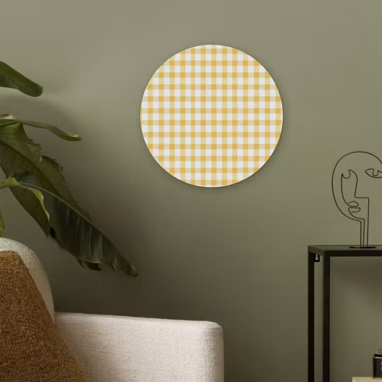Ruit - Gingham - Klassiek - Geel en Wit Akoestische PET Vilt - Rond klein 838 -sfeer2
