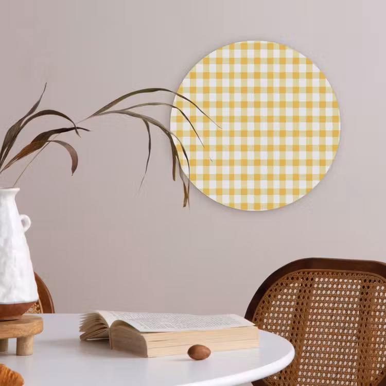 Ruit - Gingham - Klassiek - Geel en Wit Akoestische PET Vilt - Rond klein 838 -sfeer3