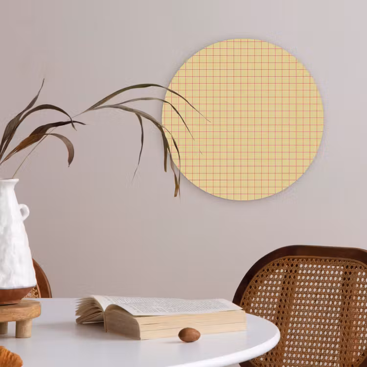 Ruitjes - Grid - Minimalistisch - Geel - Roze Akoestische PET Vilt - Rond klein 838 -sfeer3