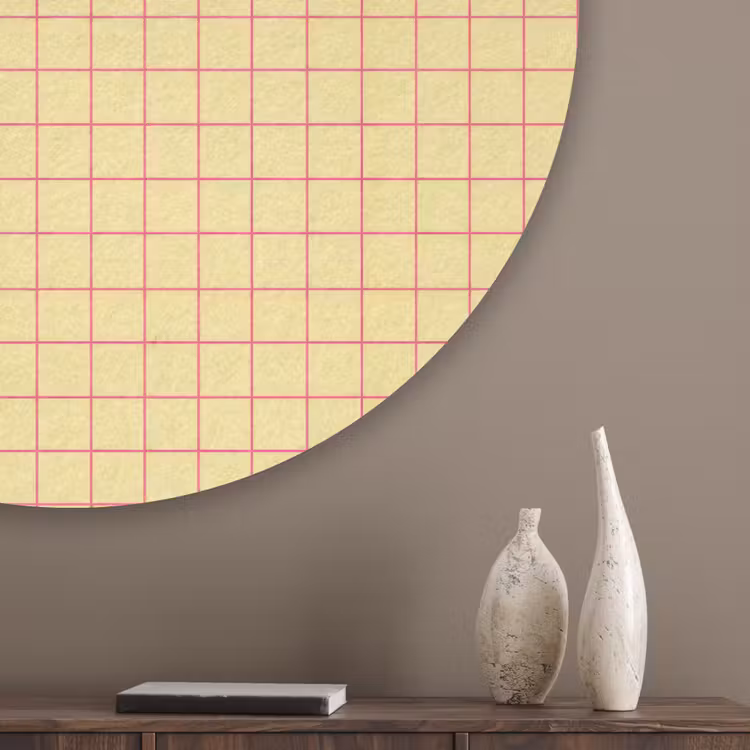 Ruitjes - Grid - Minimalistisch - Geel - Roze Akoestische PET Vilt - Rond klein 838 -sfeer5_closeup