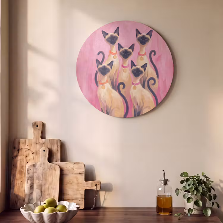 Kat - Groep - Dieren - Modern - Roze Akoestische PET Vilt - Rond klein -sfeer2