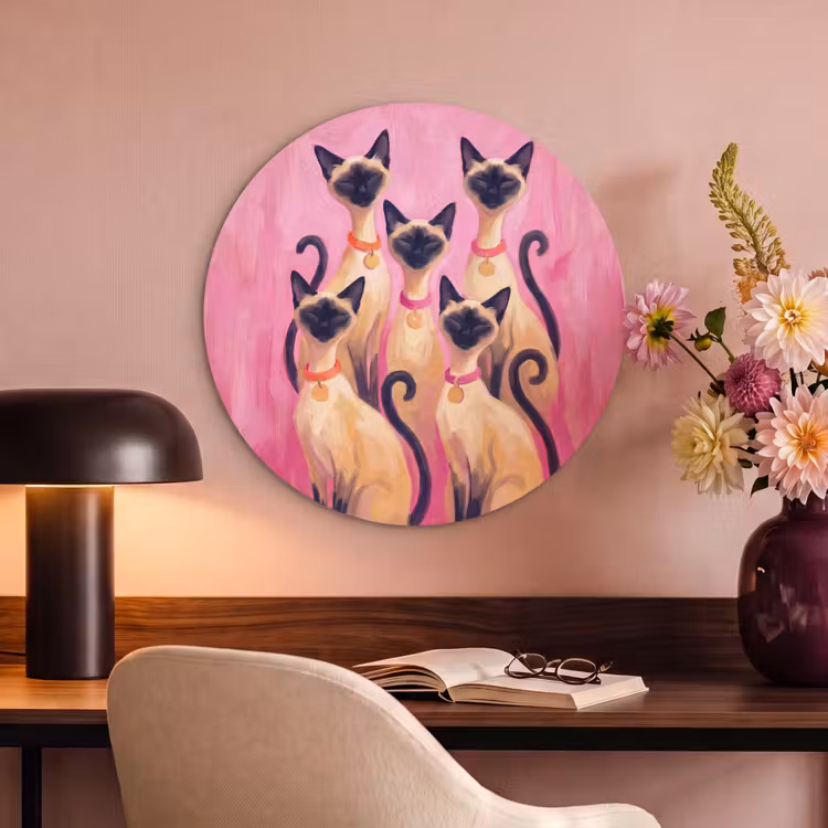 Kat - Groep - Dieren - Modern - Roze Akoestische PET Vilt - Rond klein -sfeer3