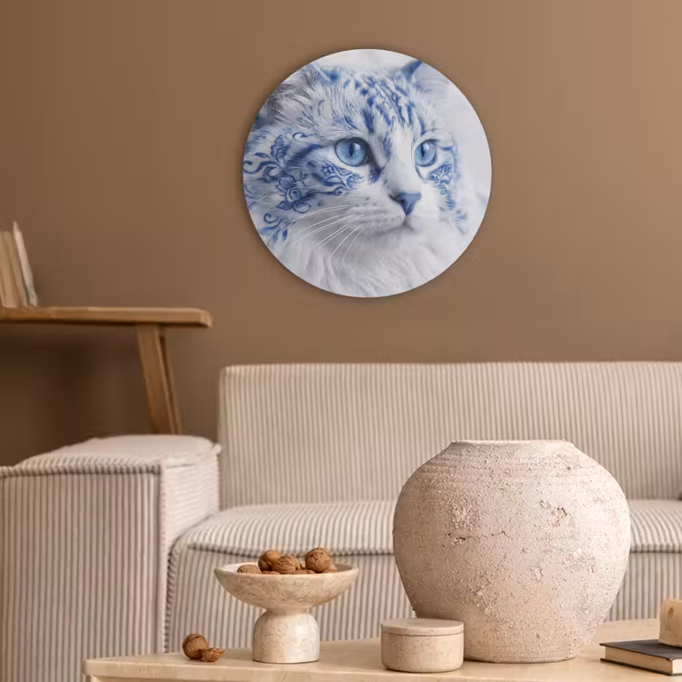 Kat - Patroon - Blauw Akoestische PET Vilt - Rond klein -sfeer1