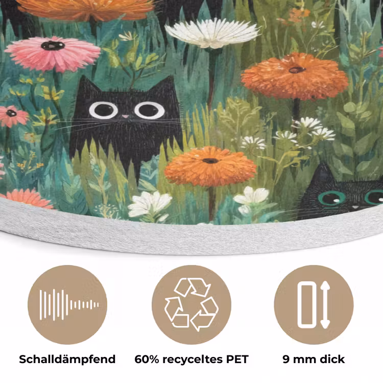 Katten - Bloemen - Kleurrijk Akoestische PET Vilt - Rond klein 838 -closeup_DE