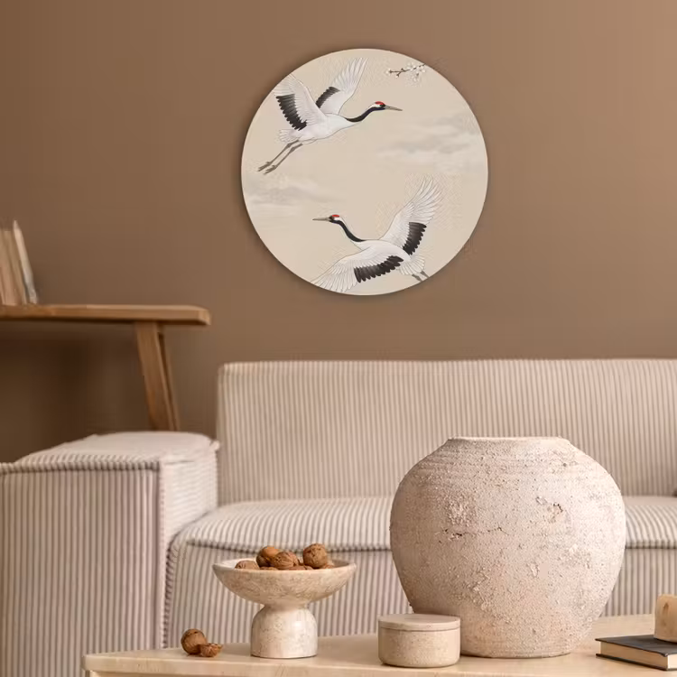 Kraanvogels - Bloesem - Beige Akoestische PET Vilt - Rond klein -sfeer1