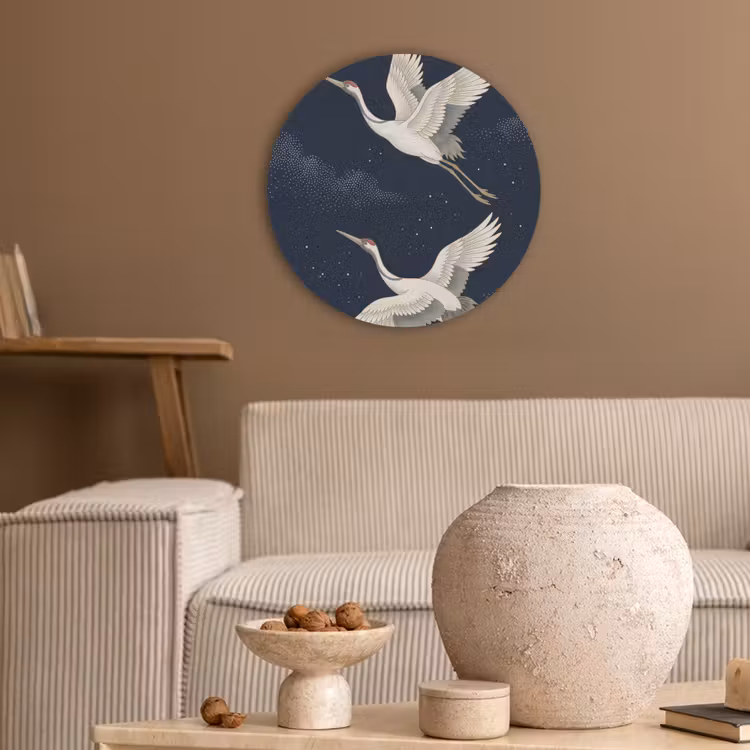 Kraanvogels - Nachthemel - Blauw Akoestische PET Vilt - Rond klein -sfeer1