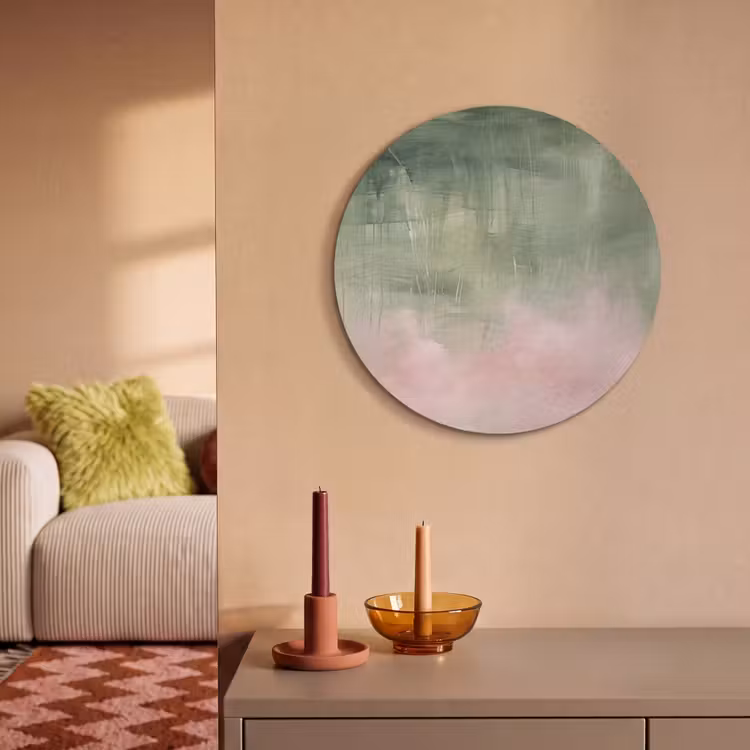 Kunst - Abstract - Modern - Groen - Roze Akoestische PET Vilt - Rond klein -sfeer1