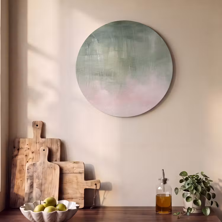 Kunst - Abstract - Modern - Groen - Roze Akoestische PET Vilt - Rond klein -sfeer2
