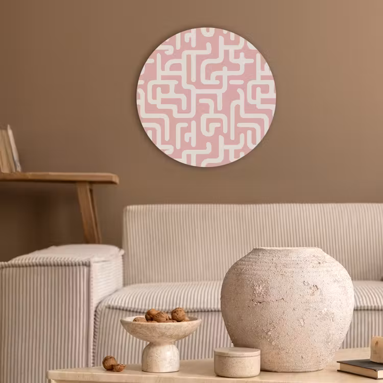 Doolhofpatroon - Roze - Wit - Abstract Akoestische PET Vilt - Rond klein 838 -sfeer1