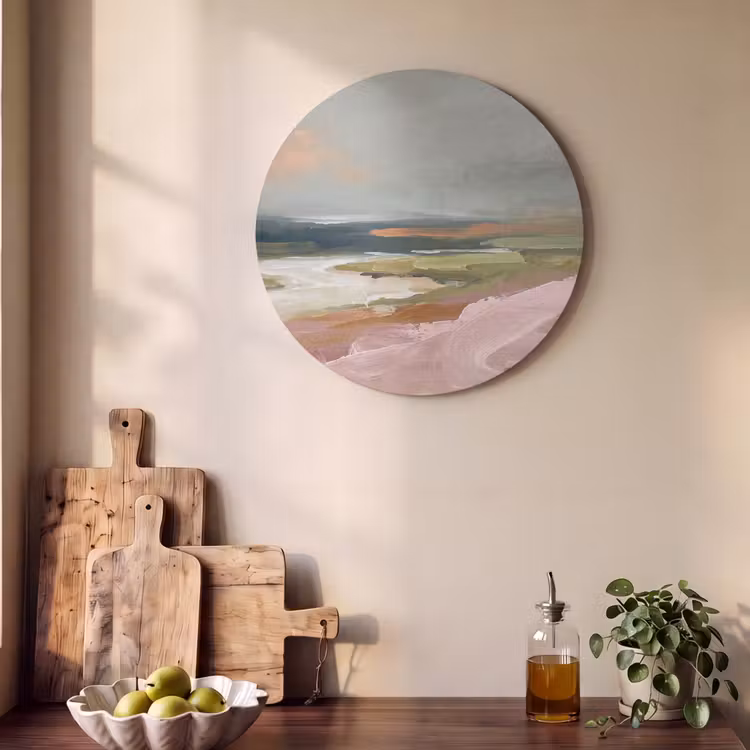 Landschap - Rivier - Abstract - Roze - Groen Akoestische PET Vilt - Rond klein -sfeer2