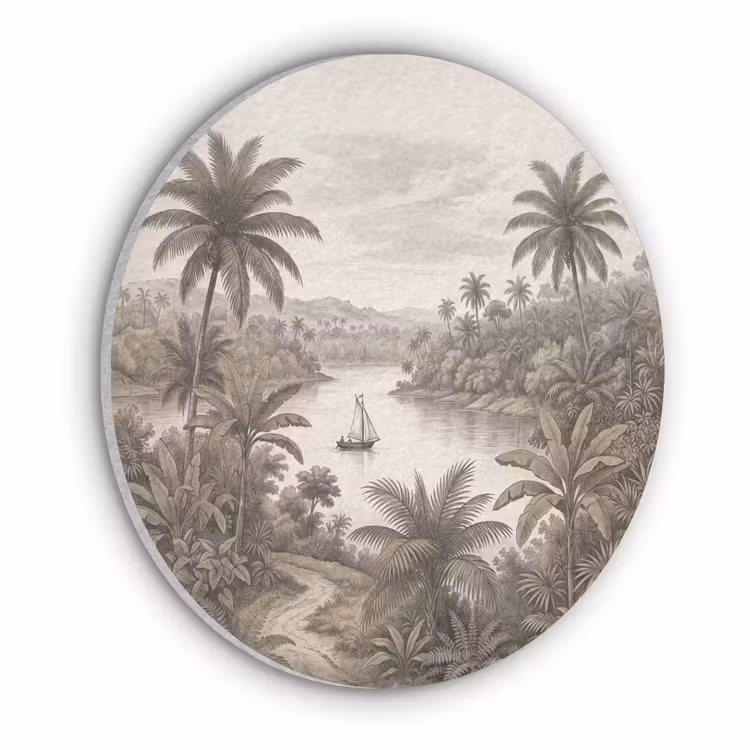 Landschap - Rivier - Boot - Tropisch - Vintage Akoestische PET Vilt - Rond klein -3d