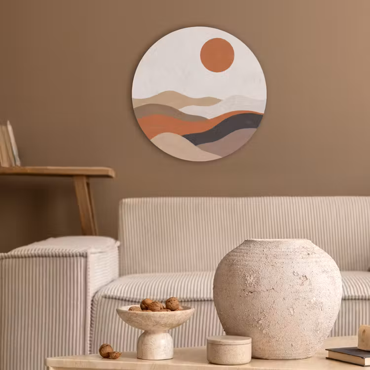 Landschap - Heuvels - Zon - Abstract - Oranje Akoestische PET Vilt - Rond klein -sfeer1