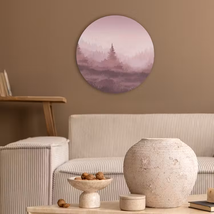 Landschap - Mistig - Roze Akoestische PET Vilt - Rond klein -sfeer1
