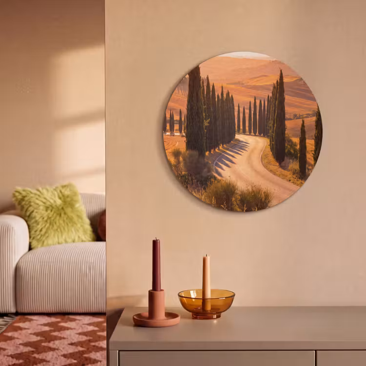 Landschap - Weg - Bomen - Natuur - Goud Akoestische PET Vilt - Rond klein -sfeer1