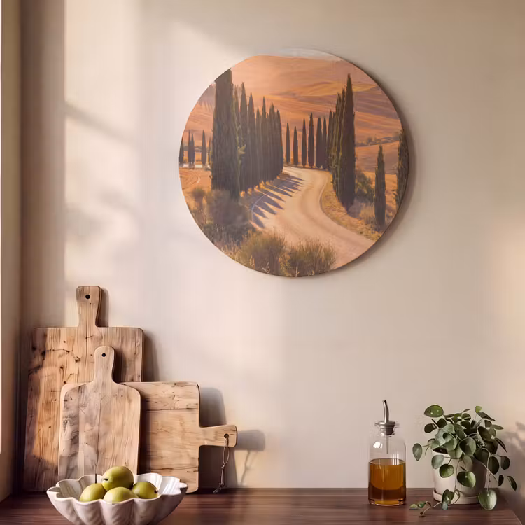 Landschap - Weg - Bomen - Natuur - Goud Akoestische PET Vilt - Rond klein -sfeer2