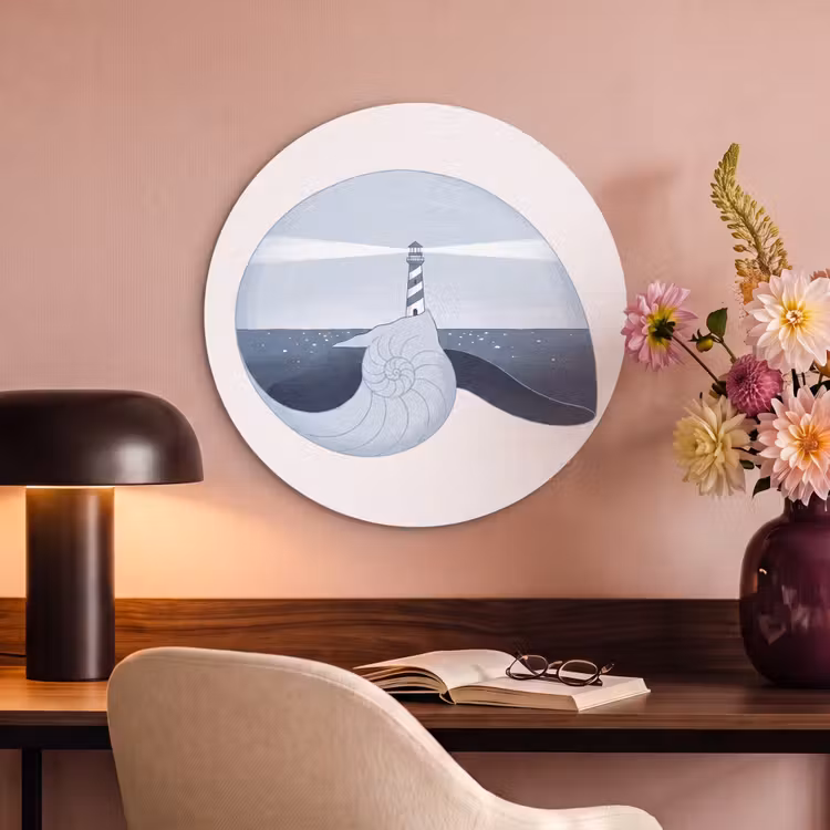 Vuurtoren - Zee - Schelp - Abstract - Blauw Akoestische PET Vilt - Rond klein -sfeer3