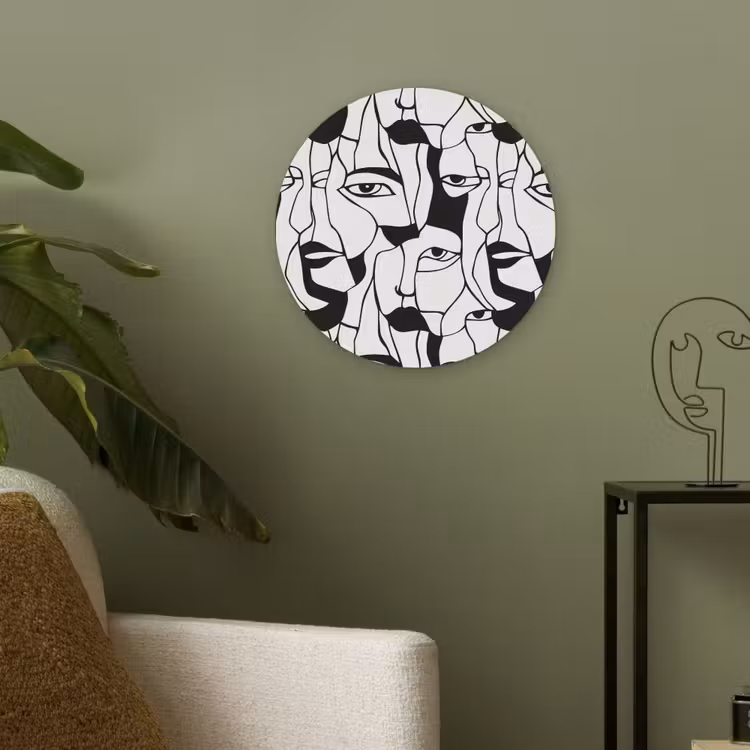 Lijnen - Gezichten - Zwart - Wit Akoestische PET Vilt - Rond klein 838 -sfeer2
