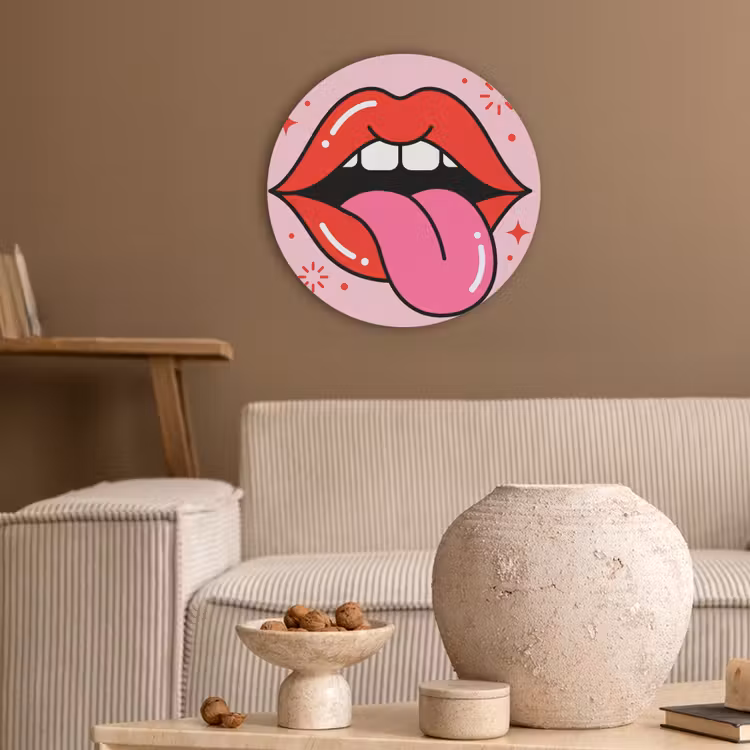 Lippen - Tong - Pop-art - Kleurrijk - Roze Akoestische PET Vilt - Rond klein -sfeer1