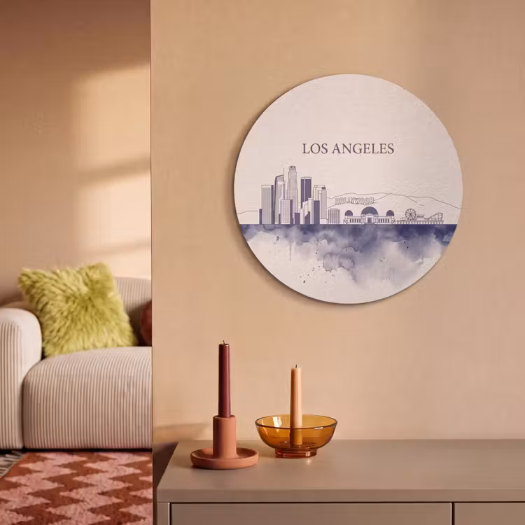 Los Angeles - Skyline - Architectuur - Aquarel - Blauw Akoestische PET Vilt - Rond klein -sfeer1