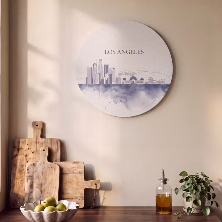 Los Angeles - Skyline - Architectuur - Aquarel - Blauw Akoestische PET Vilt - Rond klein -sfeer2