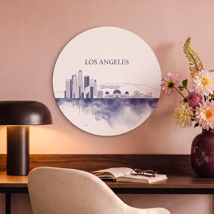 Los Angeles - Skyline - Architectuur - Aquarel - Blauw Akoestische PET Vilt - Rond klein -sfeer3