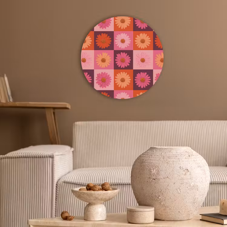 Madeliefjes - Dambord - Retro - Roze - Oranje Akoestische PET Vilt - Rond klein 838 -sfeer1