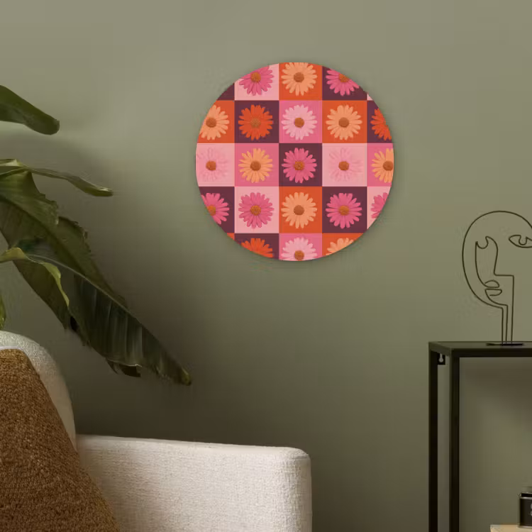 Madeliefjes - Dambord - Retro - Roze - Oranje Akoestische PET Vilt - Rond klein 838 -sfeer2