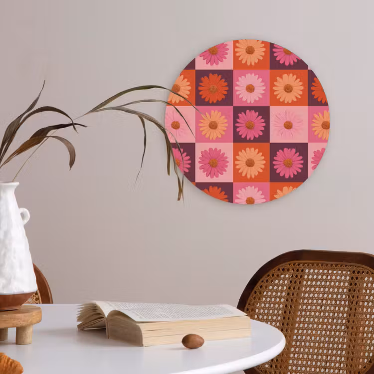 Madeliefjes - Dambord - Retro - Roze - Oranje Akoestische PET Vilt - Rond klein 838 -sfeer3