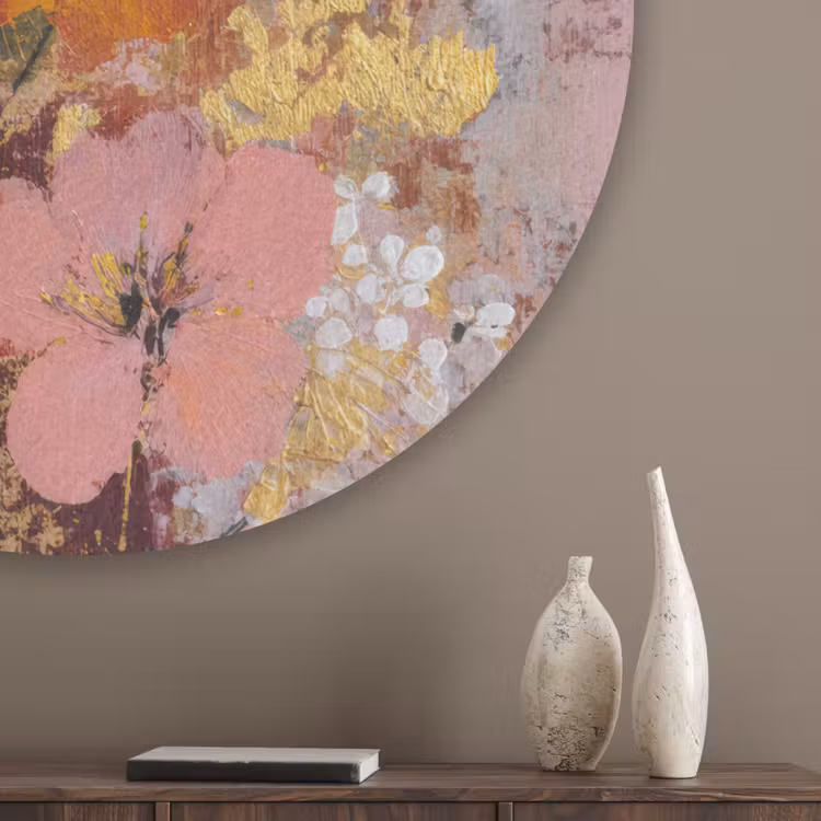 Schilderij - Bloemen - Rustiek - Roze Akoestische PET Vilt - Rond klein -sfeer5_closeup