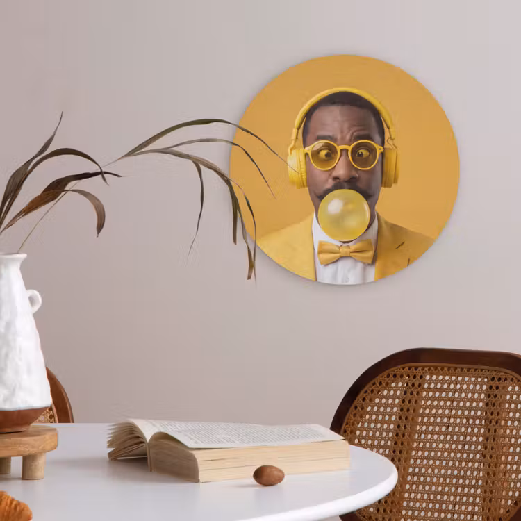 Man - Bubblegum - Portret - Geel - Modern Akoestische PET Vilt - Rond klein -sfeer3