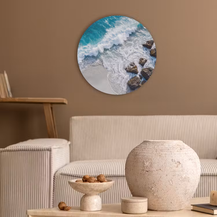 Zee - Golf - Strand - Natuur - Blauw Akoestische PET Vilt - Rond klein -sfeer1
